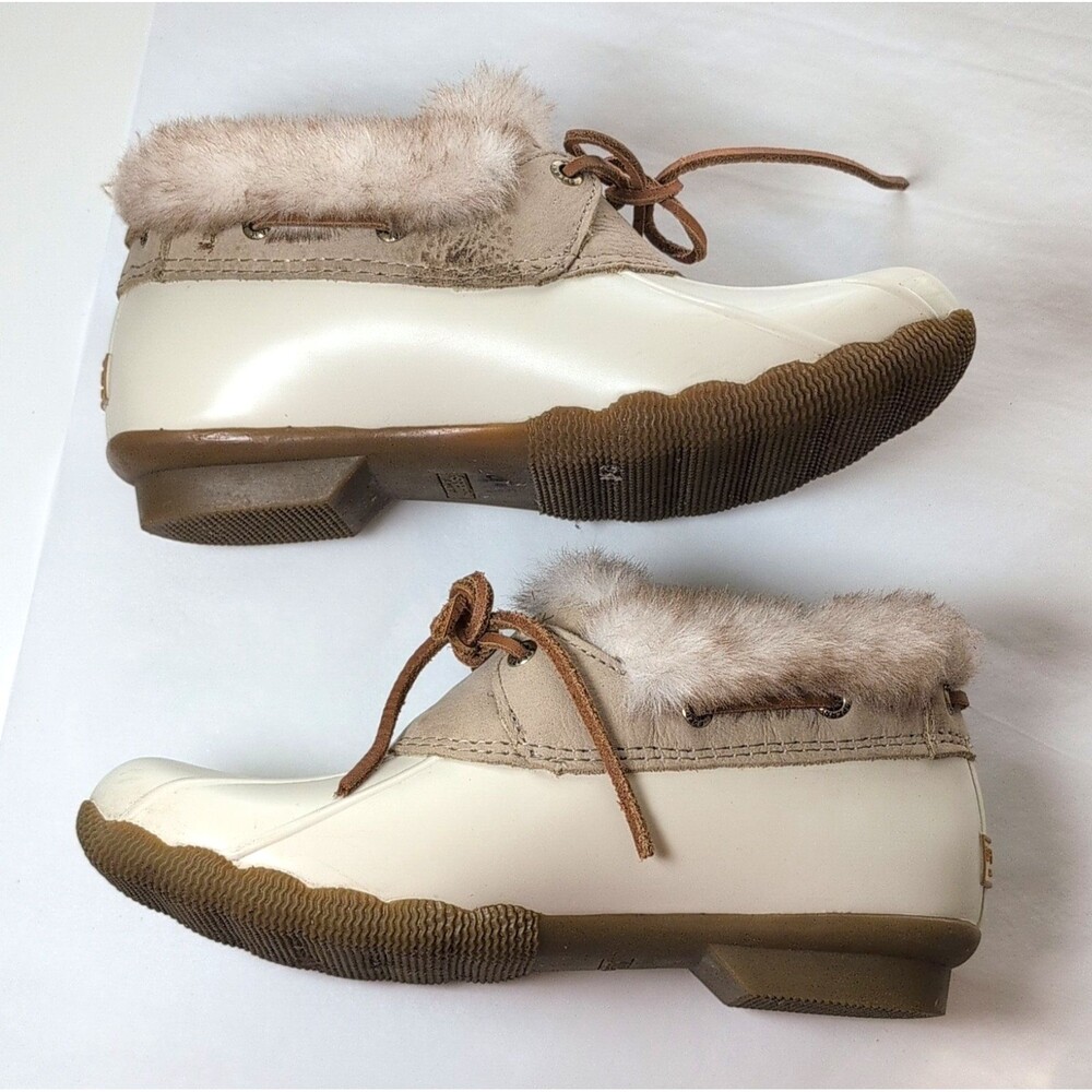 Women's Sperry Top-Sider Beige Brown Synthetic Fur Trim Lace Up Ankle Bootie - Picture 7 of 8